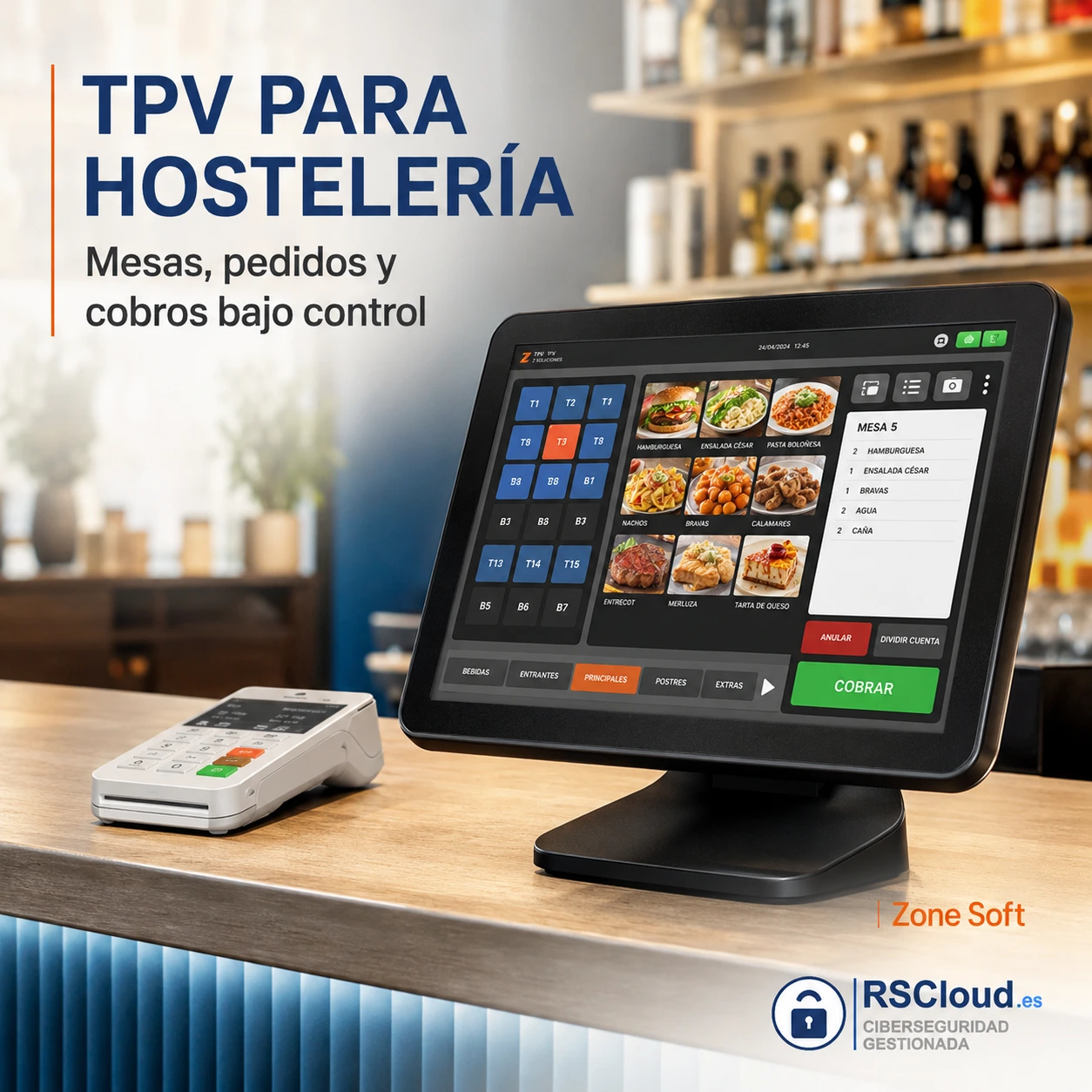 TPV ZSrest para hosteleria: pantalla de comandas de una mesa y datafono sobre la barra de un bar
